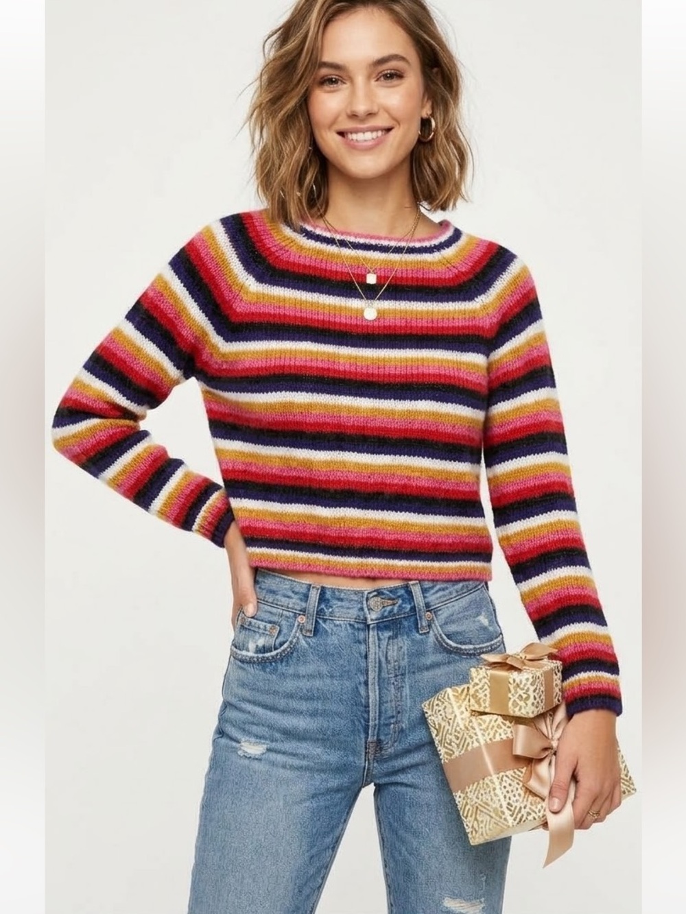 Arizona Jean Co. Multicolor Striped Cropped Crewneck Knit Sweater Size M